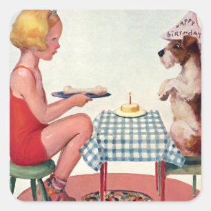 Vintage-Geburtstagsfeier, Mädchen mit Welpen-Hund Quadratischer Aufkleber