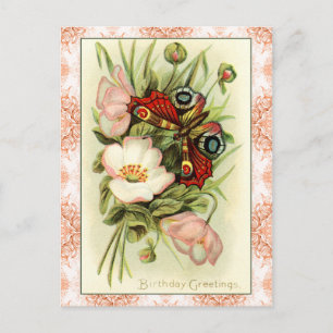 Vintage Geburtstagsgruß: Blume & Butterfly Postkarte