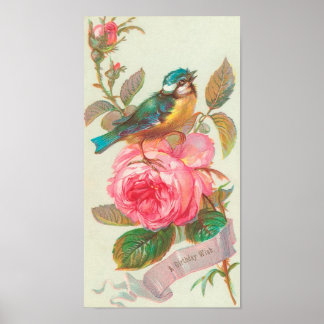 Vintage Geburtstagskarte mit Vogel und Rose Poster