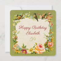 Vintage Geburtstagskarte Retro-grüne Blume & Vogel