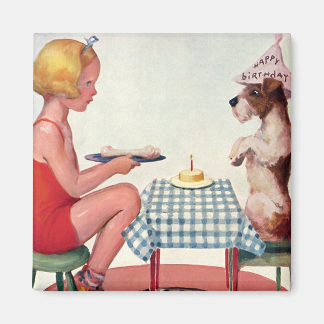 Vintage Geburtstagsparty, Mädchen mit Haustier-Wel Magnet (Vorne)