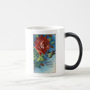 Vintage Geburtstagswünsche Rose und Vogel Verwandlungstasse