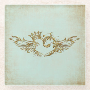 Vintage geflügeltes Herz Aqua-Creme Glasuntersetzer