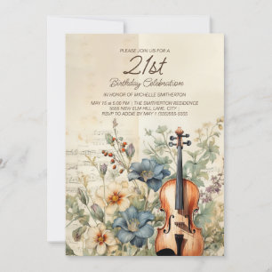 Vintage Geige Staubblaue Blumen 21. Geburtstag Einladung