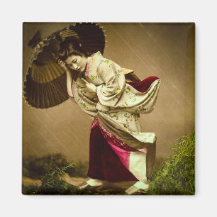 Vintage-Geisha bei einem Frühlingsregen Glasdia Magnet