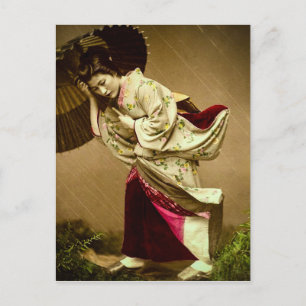 Vintage-Geisha bei einem Frühlingsregen Glasdia Postkarte