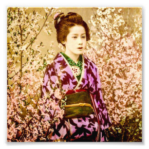 Vintage Geisha beim Posieren in Kirschblüten Fotodruck