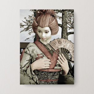 Vintage-Geisha-Kimono-Fächer-Illustration Button