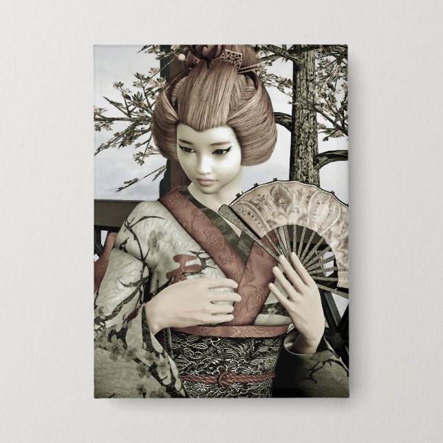 Vintage-Geisha-Kimono-Fächer-Illustration Button (Vorderseite)