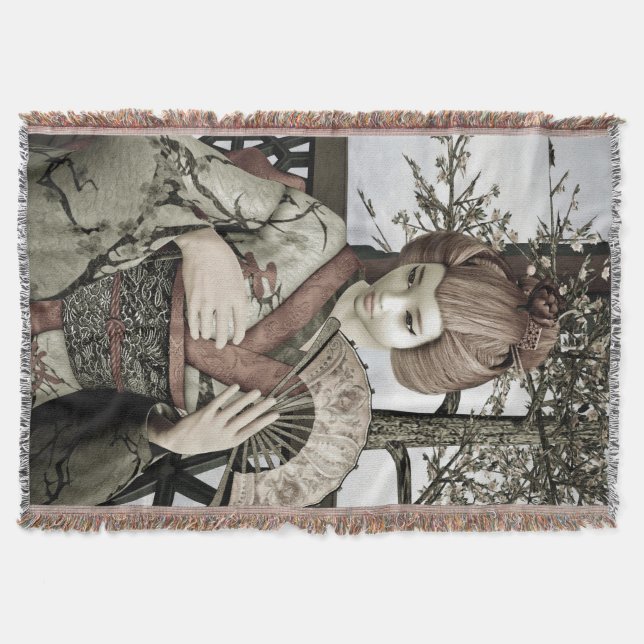 Vintage-Geisha-Kimono-Fächer-Illustration Decke (Vorderseite)