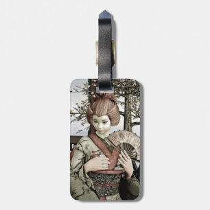 Vintage-Geisha-Kimono-Fächer-Illustration Gepäckanhänger