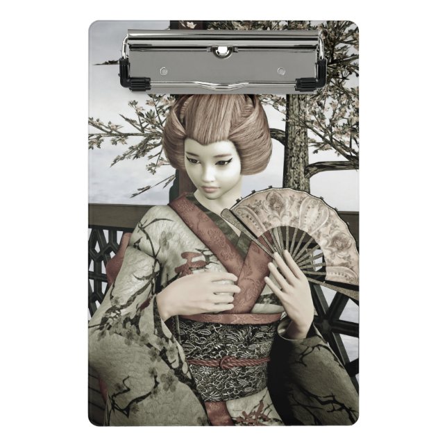 Vintage-Geisha-Kimono-Fächer-Illustration Mini Klemmbrett (Vorderseite)