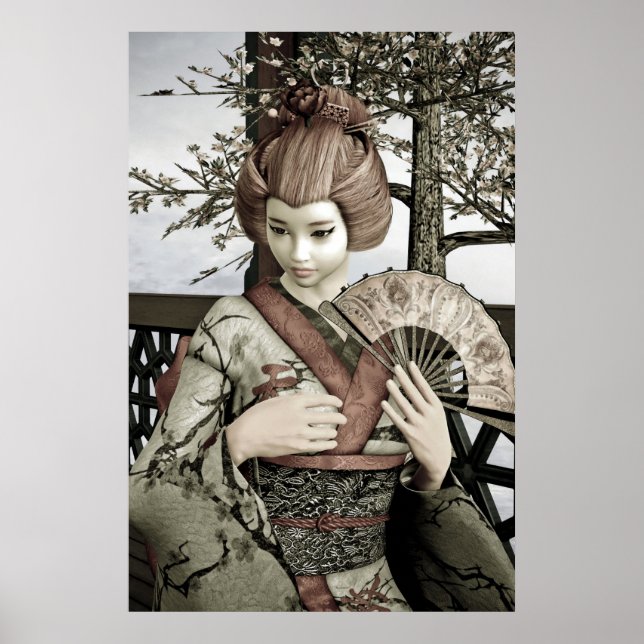 Vintage-Geisha-Kimono-Fächer-Illustration Poster (Vorne)