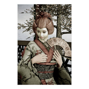 Vintage-Geisha-Kimono-Fächer-Illustration Poster