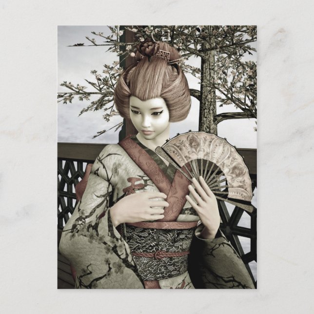 Vintage-Geisha-Kimono-Fächer-Illustration Postkarte (Vorderseite)