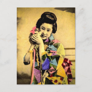 Vintage Geisha mit einem Niedlichen Kitten Old Jap Postkarte