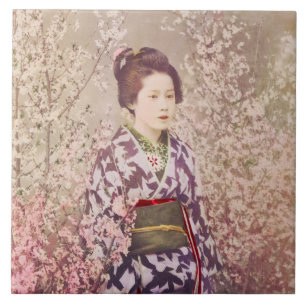 Vintage Geisha und Kirschblüte Fliese