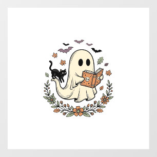Vintage-Geisterkatze-Halloween-Blumen-Vektor-Desig Fensteraufkleber