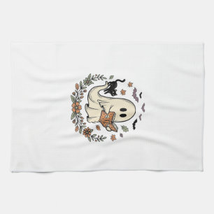 Vintage-Geisterkatze-Halloween-Blumen-Vektor-Desig Geschirrtuch