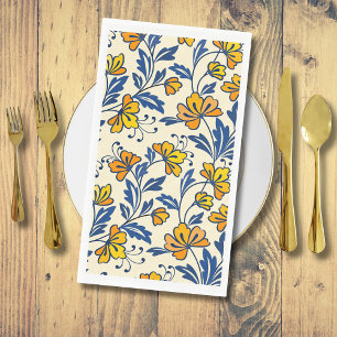 Vintage Gelb Orange Folk Blumen Blaues Blatt Serviette