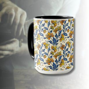 Vintage Gelb Orange Folk Blumen Blaues Blatt Tasse