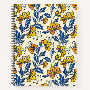 Vintage Gelb Orange Folk Floral Blaues Blatt Notizbuch