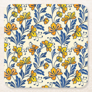 Vintage Gelb Orange Folk Floral Blaues Blatt Rechteckiger Pappuntersetzer
