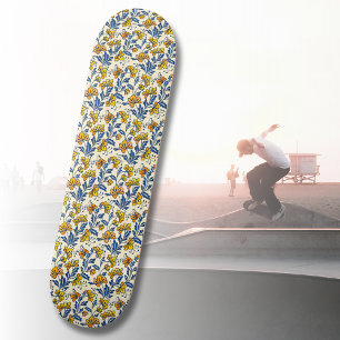 Vintage Gelb Orange Folk Floral Blaues Blatt Skateboard