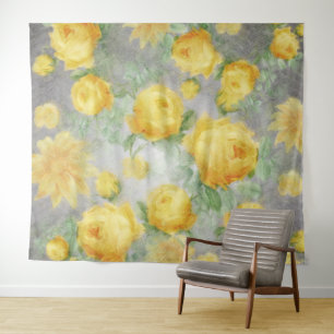 Vintage Gelb und Grau Wasserfarbe Floral Wandteppich