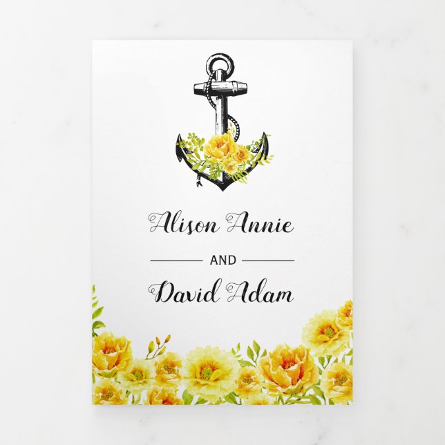 Vintage gelbe Ankerblumen Wasserhochzeit Dreifach Gefaltete Einladung (Cover)