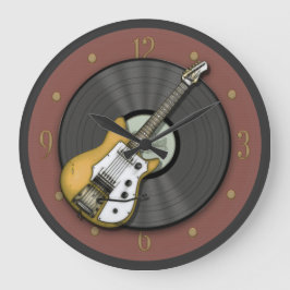 Vintage gelbe Gitarre und Vinyl-Schallplattenmauer Große Wanduhr
