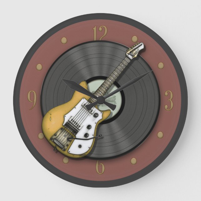 Vintage gelbe Gitarre und Vinyl-Schallplattenmauer Große Wanduhr (Vorderseite)