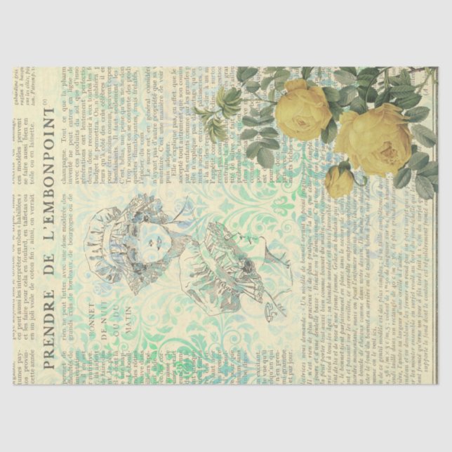 Vintage Gelbe Rose, Lady und Newsprint Decoupage Seidenpapier (Vorderseite)