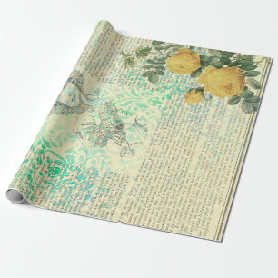 Vintage Gelbe Rose, Lady und Newsprint Geschenkpapier