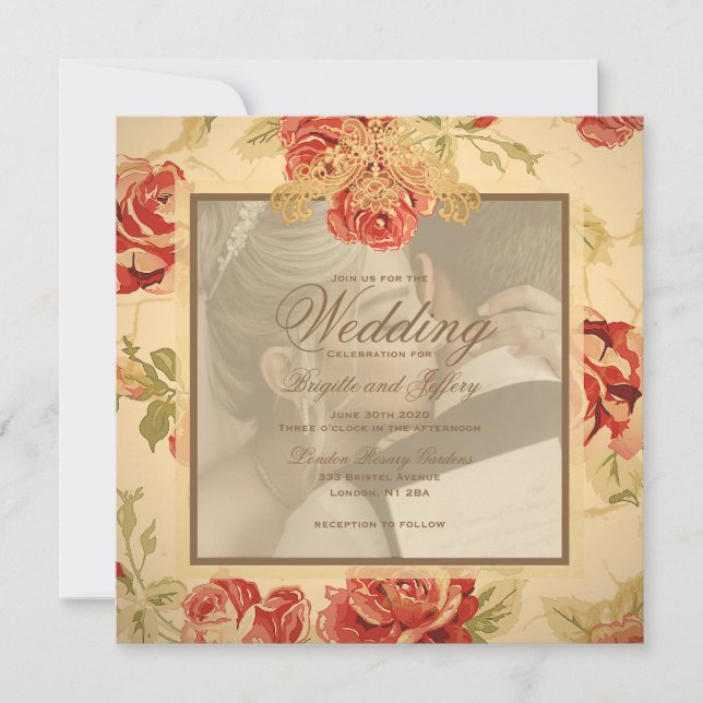 Vintage gelbe rustikale rote Rose Sonderhochzeit g Einladung (Vorderseite)