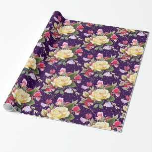 Vintage-Gelber-Rosen-Rosa-Süßerbsen-Strauß Purpur Geschenkpapier
