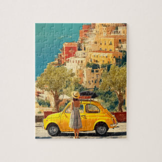 Vintage Gelbes Auto an der Amalfiküste, Positano Puzzle