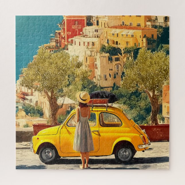 Vintage Gelbes Auto an der Amalfiküste, Positano Puzzle (Vertikal)