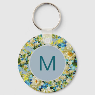 Vintage-gelbes und blaues Blumenmuster-Monogramm Schlüsselanhänger