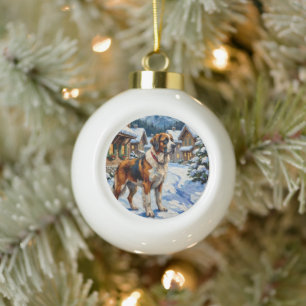 Vintage-Gemälde eines Bernhardiner im alpinen Weih Keramik Kugel-Ornament
