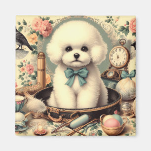 Vintage-Gemälde eines Bichon Frisé Magnet