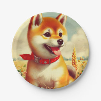 Vintage-Gemälde eines Shiba Inu Pappteller