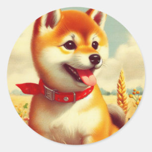 Vintage-Gemälde eines Shiba Inu Runder Aufkleber