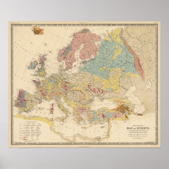 Vintage geologische Karte Europas (1856) Poster (Vorne)