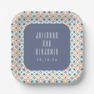 Vintage-Geometrische Fliesen Motiv Blau Hochzeit B Pappteller