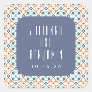 Vintage-Geometrische-Kacheln-Motiv Blau Hochzeit i Quadratischer Aufkleber