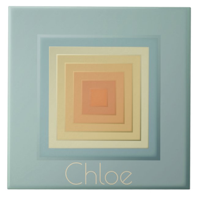 Vintage geometrische Quadrate (hellblau und gelb) Fliese (Vorderseite)