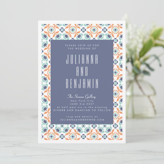 Vintage geometrische Tiles Motif bei Blue Wedding Einladung (Stehend Vorderseite)