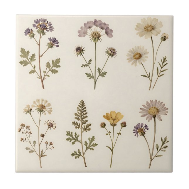 Vintage gepresstes Wildblumen-Botanikmuster Fliese (Vorderseite)
