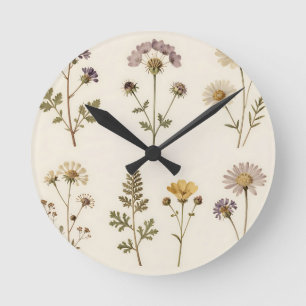 Vintage gepresstes Wildblumen-Botanikmuster Runde Wanduhr